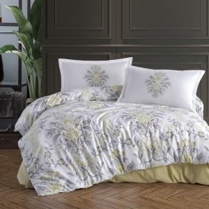 Lenjerie de pat dublu cu design floral elegant galben și gri, bumbac 100% ranforce
