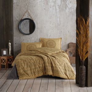 Lenjerie de pat Merit din bumbac 100% ranforce, design mandala elegant în nuanțe de galben și negru