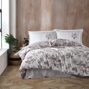 Set lenjerie de pat floral maro și alb, bumbac 100% Ranforce