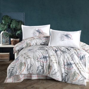 Lenjerie de pat din bumbac 100% ranforce, Pucioasa, model Nessa, în nuanțe de alb, verde, roz și gri cu design floral