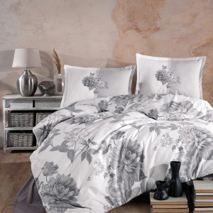 Lenjerie de pat bumbac 100% ranforce, Pucioasa, model floral gri pe alb - Rohan V1