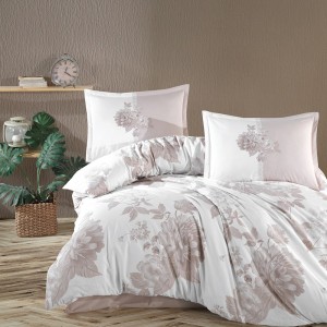 Lenjerie de pat bumbac 100% ranforce, Pucioasa, model floral bej pe alb - Rohan V2