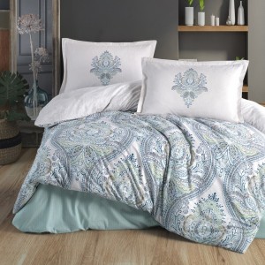 Set de lenjerie de pat Ralex Pucioasa cu model paisley în nuanțe de albastru și alb