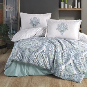 Lenjerie de pat bumbac 100% ranforce, Pucioasa, design paisley turcoaz și albastru - Ruma