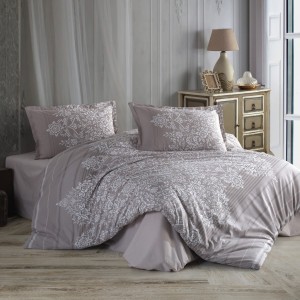 Lenjerie de pat dublu cu design floral sofisticat în gri deschis și alb, bumbac 100% ranforce