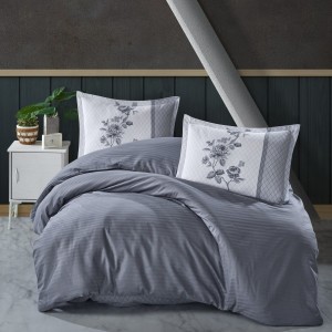 Lenjerie de pat din bumbac ranforce Pucioasa, design cu dungi gri și motive florale negre pe fundal alb cu model geometric