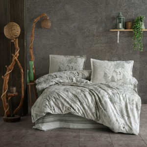 Lenjerie de pat bumbac 100% ranforce, Pucioasa, design vegetal verde pe alb - Tuva