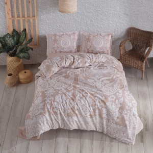 Lenjerie de pat bumbac 100% ranforce, Pucioasa, design baroc crem pe bej - Ventana