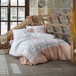 Lenjerie de pat dublu cu design floral delicat în alb și bej, bumbac 100% ranforce