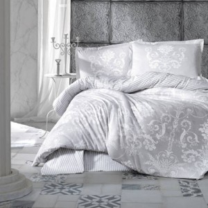 Lenjerie de pat bumbac 100% Ranforce Ralex Pucioasa Alone v1 cu design elegant în nuanțe de alb și gri și modele sofisticate