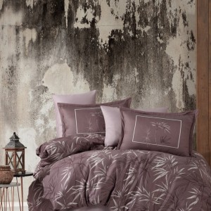 Lenjerie de pat dublu satin de lux mov cu design de frunze albe și argintii