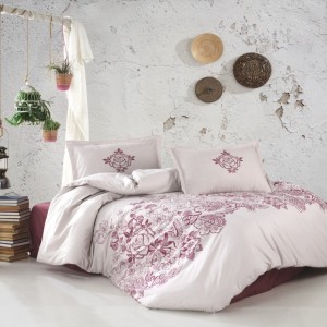 Lenjerie de pat dublu din bumbac ranforce cu model floral în nuanțe de roșu pe fundal alb