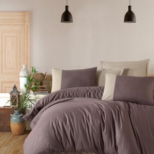 Lenjerie de pat din bumbac 100% ranforce cu design minimalist în nuanțe de maro și crem