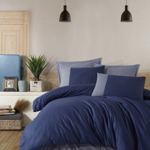 Lenjerie de pat dublu din bumbac 100% ranforce cu design modern în nuanțe de albastru și gri