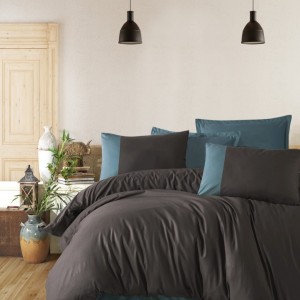 Lenjerie de pat dublu din bumbac 100% ranforce cu design modern în nuanțe de gri și albastru