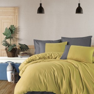 Lenjerie de pat dublu din bumbac 100% ranforce cu design modern în nuanțe de galben muștar și gri închis
