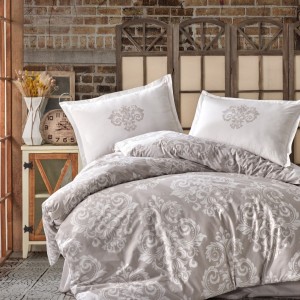 Lenjerie de pat bumbac 100% Ranforce Ralex Pucioasa Sade v2 cu design floral elegant în nuanțe de gri și alb