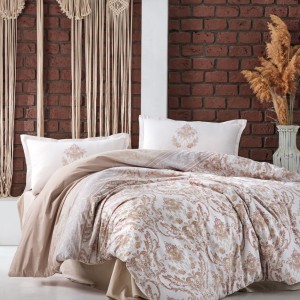 Lenjerie de pat bumbac 100% Ranforce Ralex Pucioasa Turka v2 cu design floral clasic în nuanțe de bej și crem