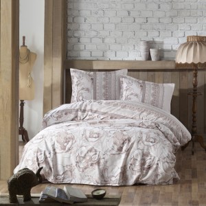 Lenjerie de pat dublu bumbac 100% ranforce Ralex Pucioasa Varna cu design floral în nuanțe de crem și bej.