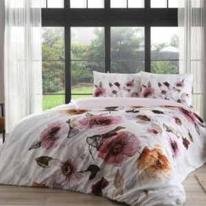 Set lenjerie de pat dublu Espita TAC din bumbac 100 % mako-satin, imprimeu flori acuarelă roz şi caise pe fond alb