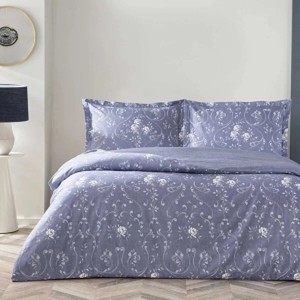 Set lenjerie de pat dublu Jeanne TAC din bumbac 100 % mako-satin, imprimeu damasc alb pe fond albastru jean-indigo