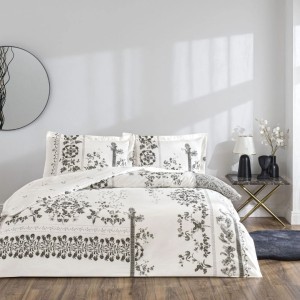 Set lenjerie de pat dublu Climena TAC din bumbac 100 % mako-satin, imprimeu floral monocrom pe fond alb