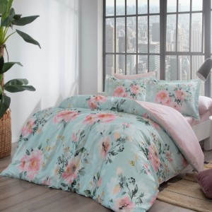 Lenjerie pat Huron flori pastelate turcoaz satin de lux, bumbac 100%