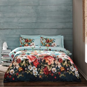 Lenjerie de pat florală albastră TAC Lumina, model cu flori mari pe fundal albastru, set de 7 piese din bumbac satinat