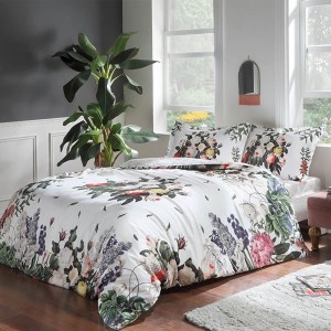 Lenjerie de pat TAC Mako-Satin Cherlyn cu design floral colorat pe fundal alb, bumbac 100% satinat