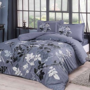 Lenjerie de pat TAC Clement Mor cu design floral albastru pe bumbac 100% mako-satin, include cearceaf, husă de pilotă și fețe de pernă