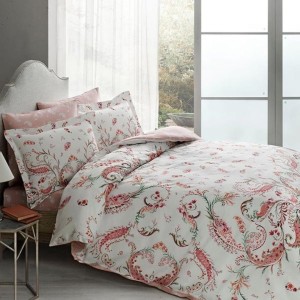 Lenjerie de pat din bumbac 100% satinat Tac cu model floral în nuanțe de roz și verde pe fundal alb