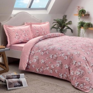 Lenjerie de pat din bumbac 100% satinat Tac cu model floral alb și gri pe fundal roz pastel