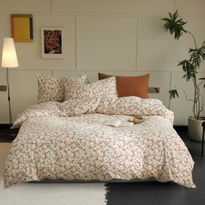 Lenjerie de pat bumbac tricot cu elastic crem cu imprimeu floral roșu și portocaliu