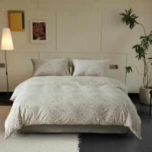 Lenjerie de pat bumbac tricot cu elastic crem cu imprimeu flori mici gri