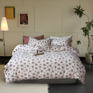 Lenjerie de pat bumbac tricot cu elastic crem cu imprimeu flori mov