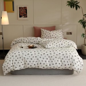 Lenjerie de pat bumbac tricot cu elastic crem cu imprimeu floricele gri