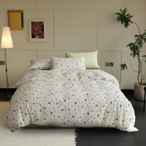 Lenjerie de pat bumbac tricot cu elastic crem cu imprimeu floricele mici colorate
