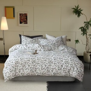 Lenjerie de pat bumbac tricot cu elastic alb crem cu imprimeu ramuri florale verzi și roz