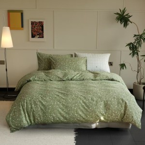 Lenjerie de pat bumbac tricot cu elastic verde măsliniu cu imprimeu floricele albe