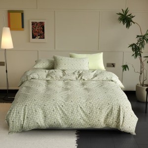 Lenjerie de pat bumbac tricot cu elastic verde salvie, husă uni și imprimeu floral alb