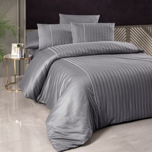 Lenjerie de pat bumbac satin Gri cu 6 piese, design elegant cu dungi discrete și detalii plisate, material de calitate superioară.