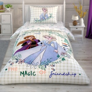 Lenjerie de pat Disney Frozen Magic of Friendship, cu Elsa, Anna și Olaf, text The Magic of Friendship, design alb și verde, 3 piese, bumbac