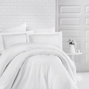 Lenjerie de pat damasc gros cu elastic ptr saltea de 140x200cm - Alb