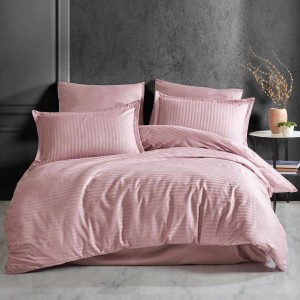 Set de lenjerie de pat dublu din damasc roz cu elastic, ideal pentru pat de 140x200cm
