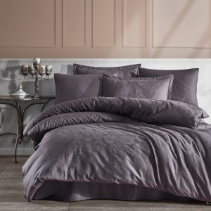 Lenjerie de pat de lux din jacquard satin, Clasy Home, model Arven, în nuanță gri închis cu design floral și geometric, elegantă și modernă.