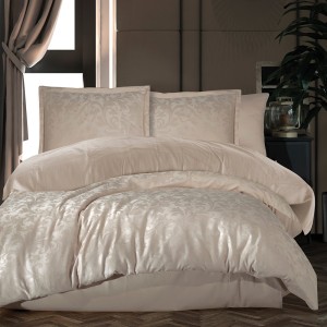 Lenjerie de pat bej din bumbac satinat Payava V-2 cu țesătură jacquard, set de 6 piese, decor elegant și sofisticat