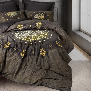 Lenjerie de pat Palace Satin cu mandala, Togay Antracit, din bumbac satinat 100%, in nuante de antracit si auriu, cu detalii simetrice inspirate din arta orientala.