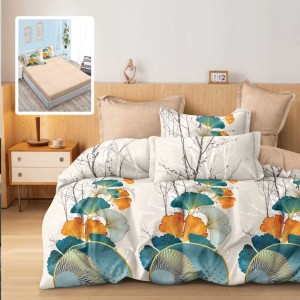 Lenjerie pat finet cu elastic 6 piese frunze ginkgo biloba multicolore cu cearceaf bej