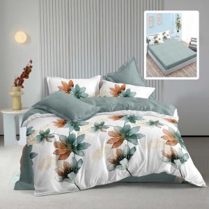 Lenjerie pat finet cu elastic 6 piese frunze mari cu cearceaf verde-salvie