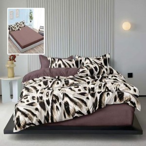 Lenjerie de pat din finet cu elastic, imprimeu animal print in nuante de bej, maro si negru